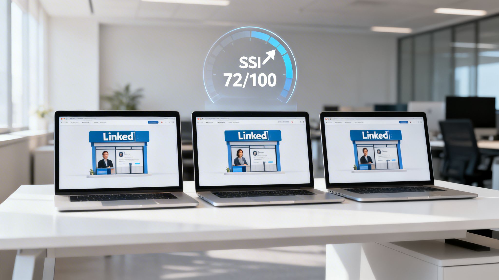 Three laptops on a white desk displaying LinkedIn profiles and an SSI score of 72/100.