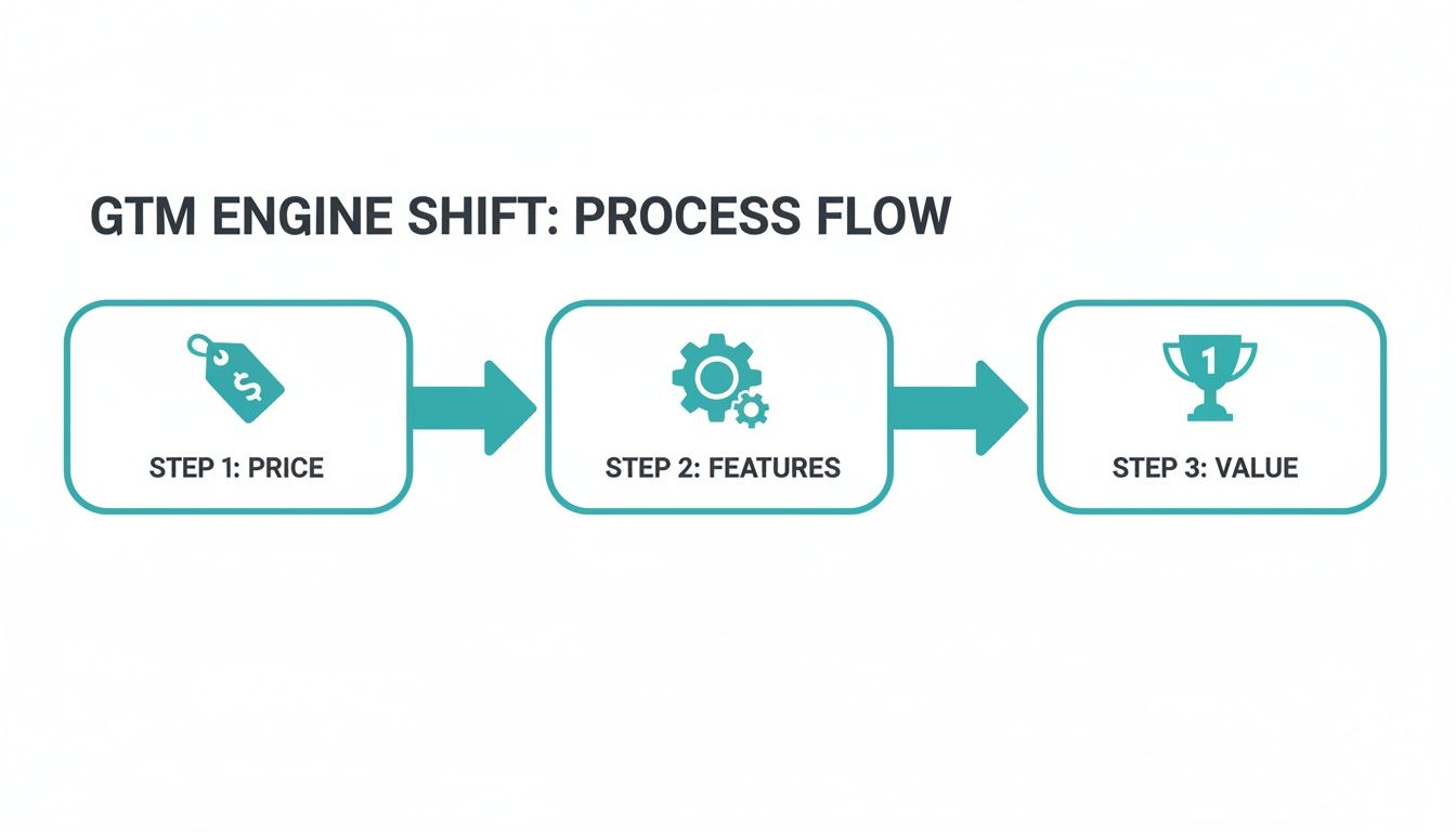 GTM Engine Shift process flow illustrating a shift from price and features to value.