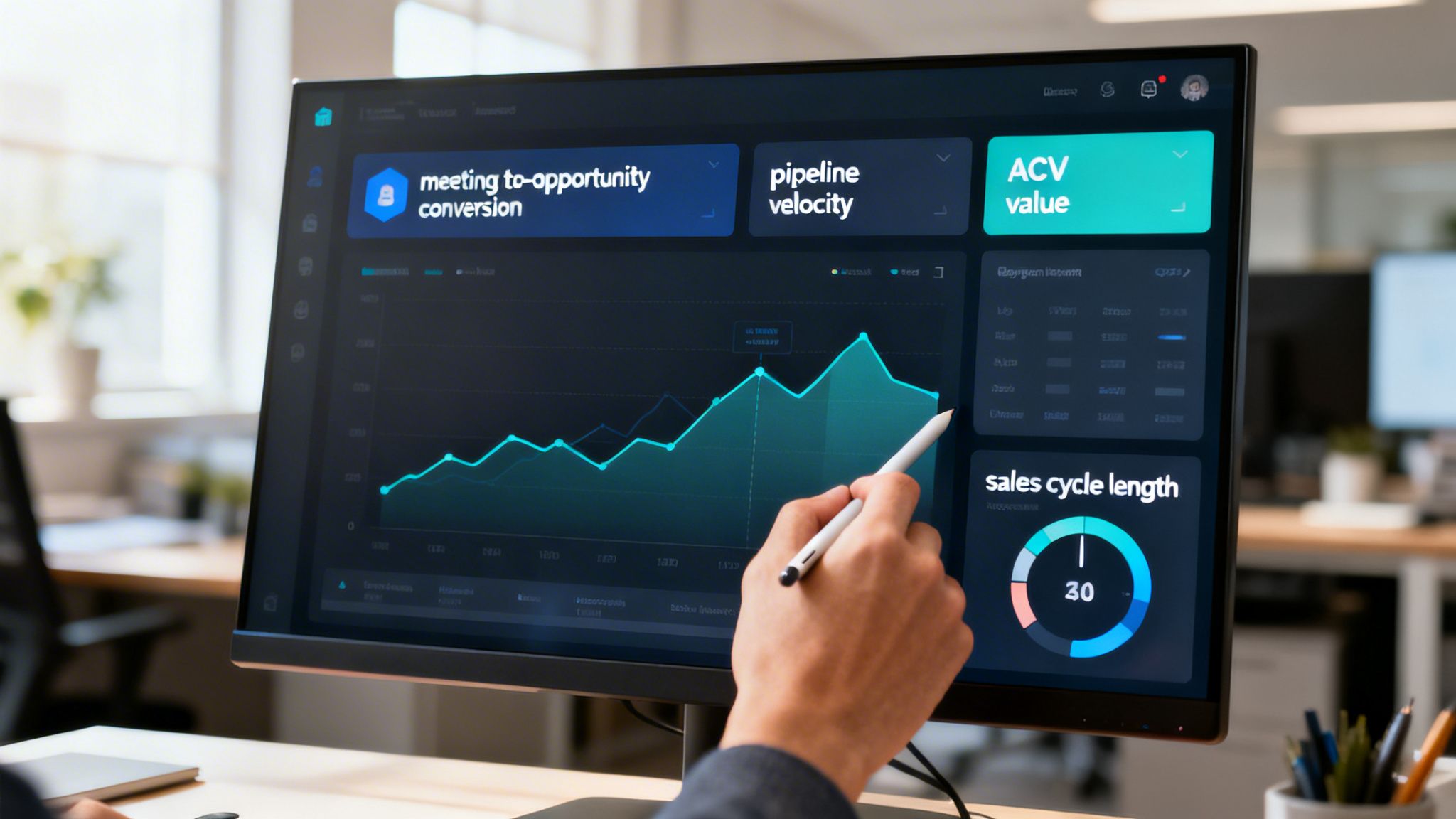 A hand points at a computer screen displaying a sales analytics dashboard with graphs and metrics.