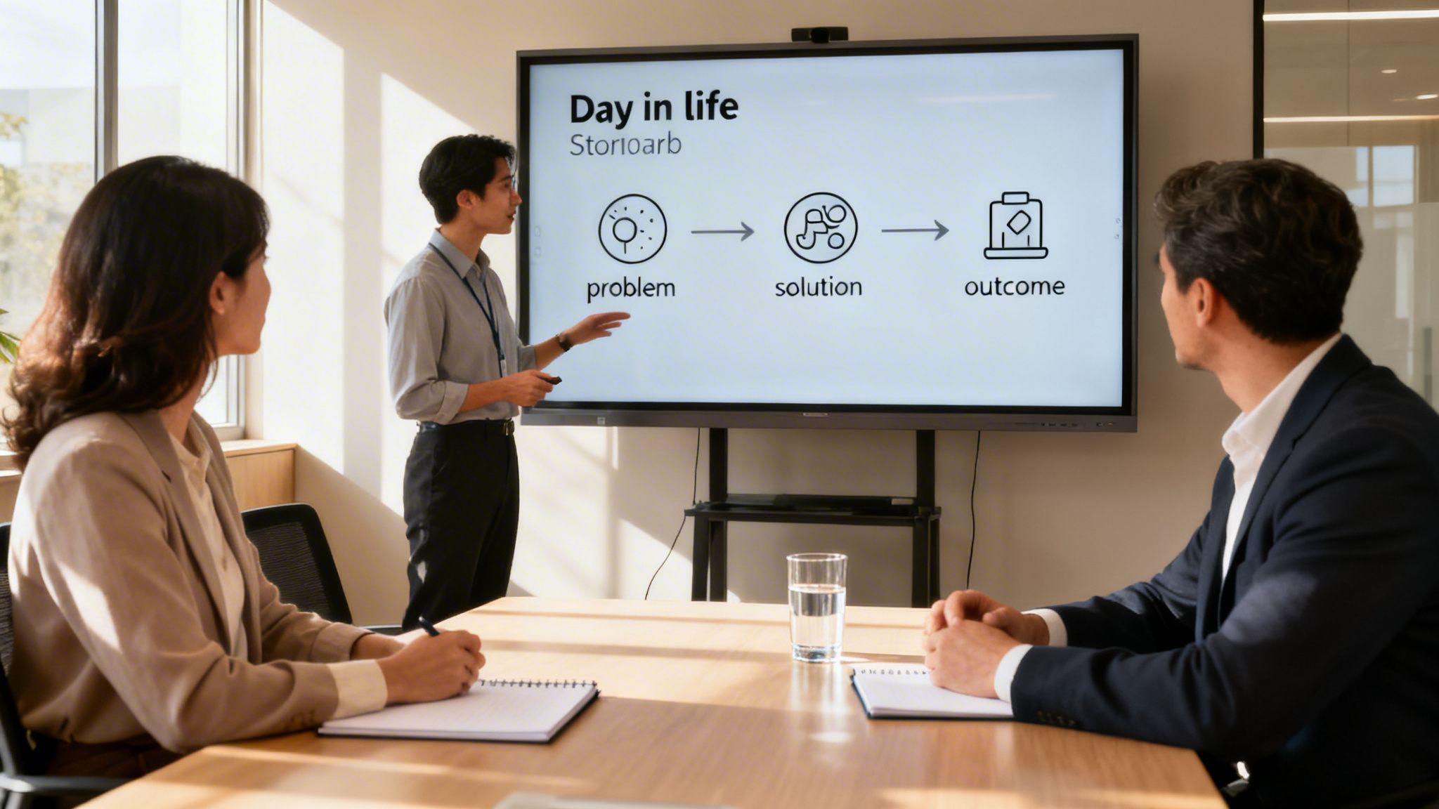 Three professionals in a modern office, one presenting a 'Day in life' flow chart.