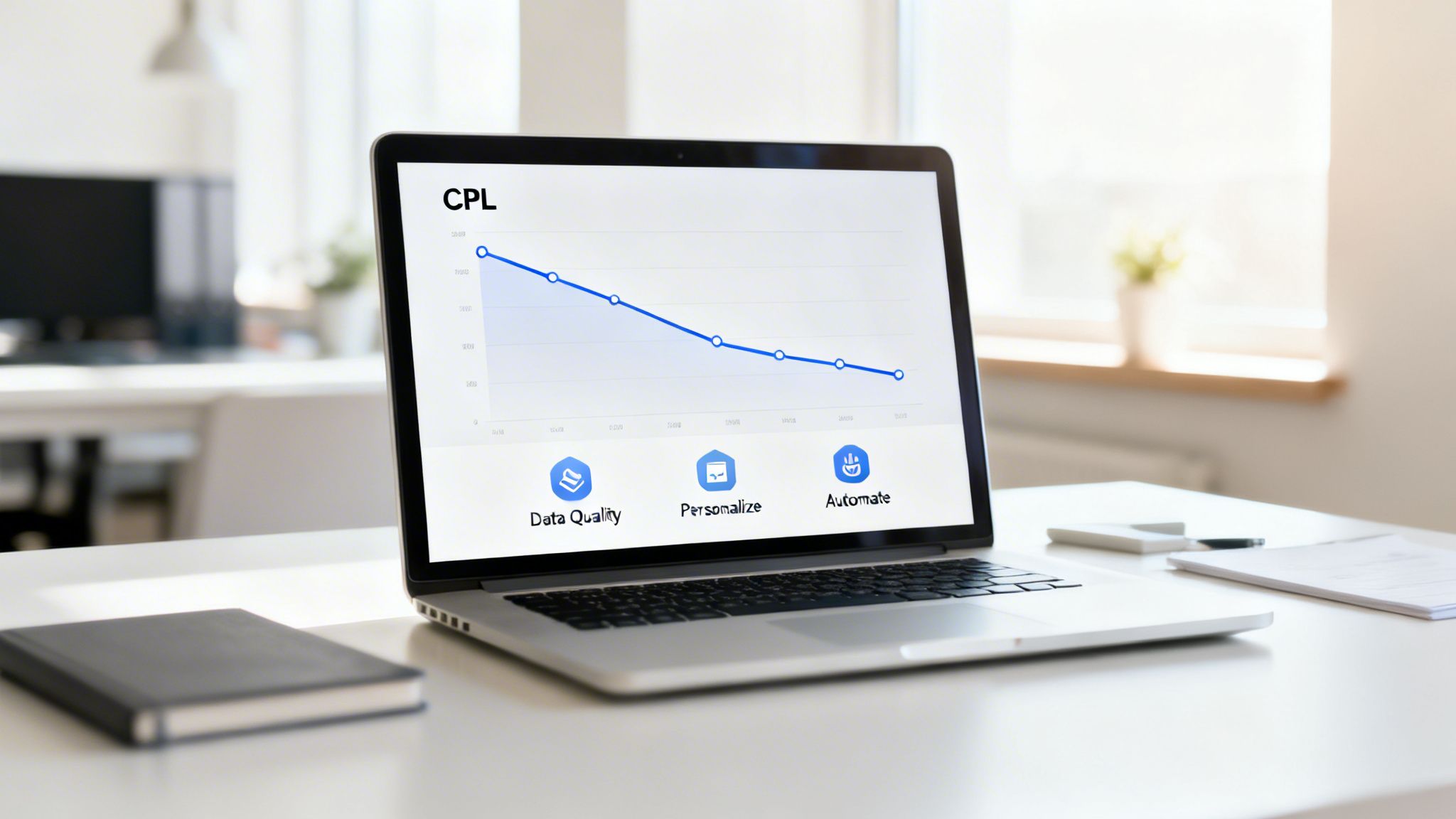 Laptop screen showing a CPL (Cost Per Lead) graph with a decreasing trend, highlighting Data Quality, Personalize, and Automate.