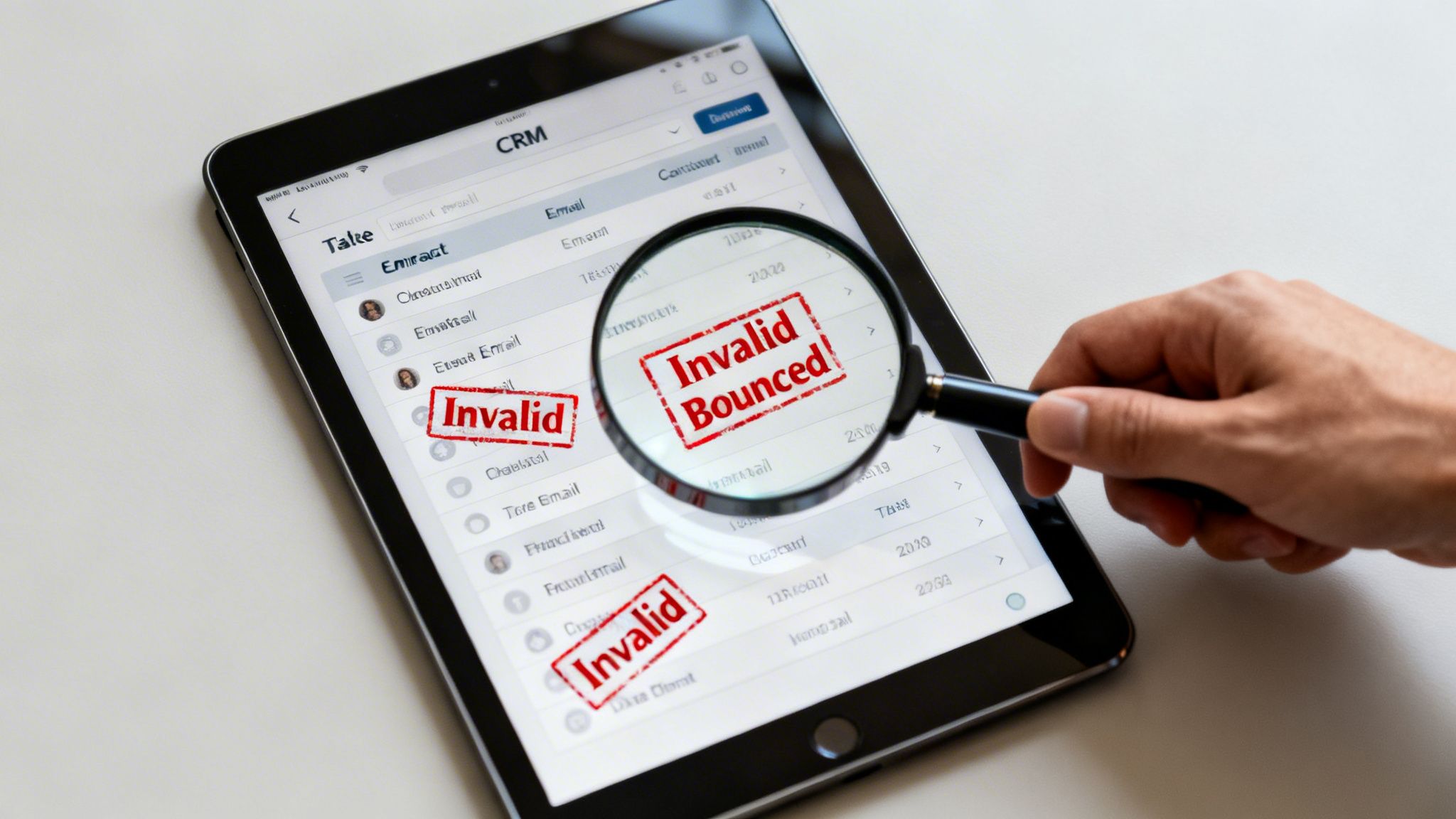 A hand holds a magnifying glass over a tablet displaying an email list with "Invalid Bounced" and "Invalid" stamps.