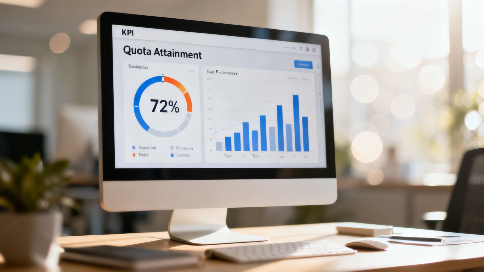 A computer monitor displaying a digital dashboard with sales quota attainment and team performance charts.