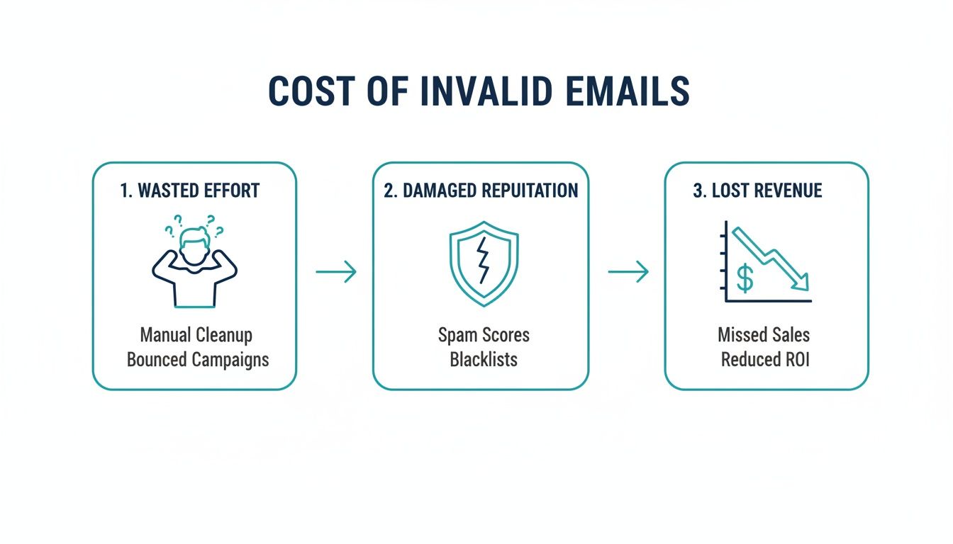 Flowchart illustrating the three costs of invalid emails: wasted effort, damaged reputation, and lost revenue.