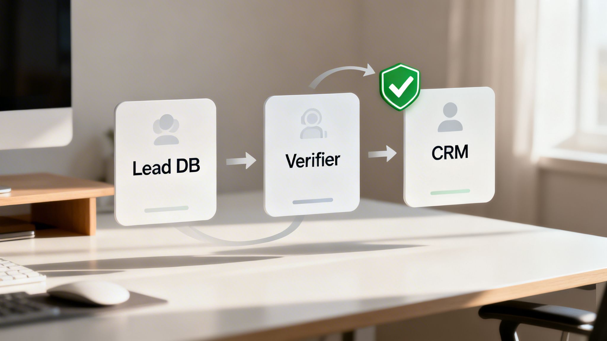 Diagram illustrating a data verification process from Lead DB to Verifier and then to a verified CRM.