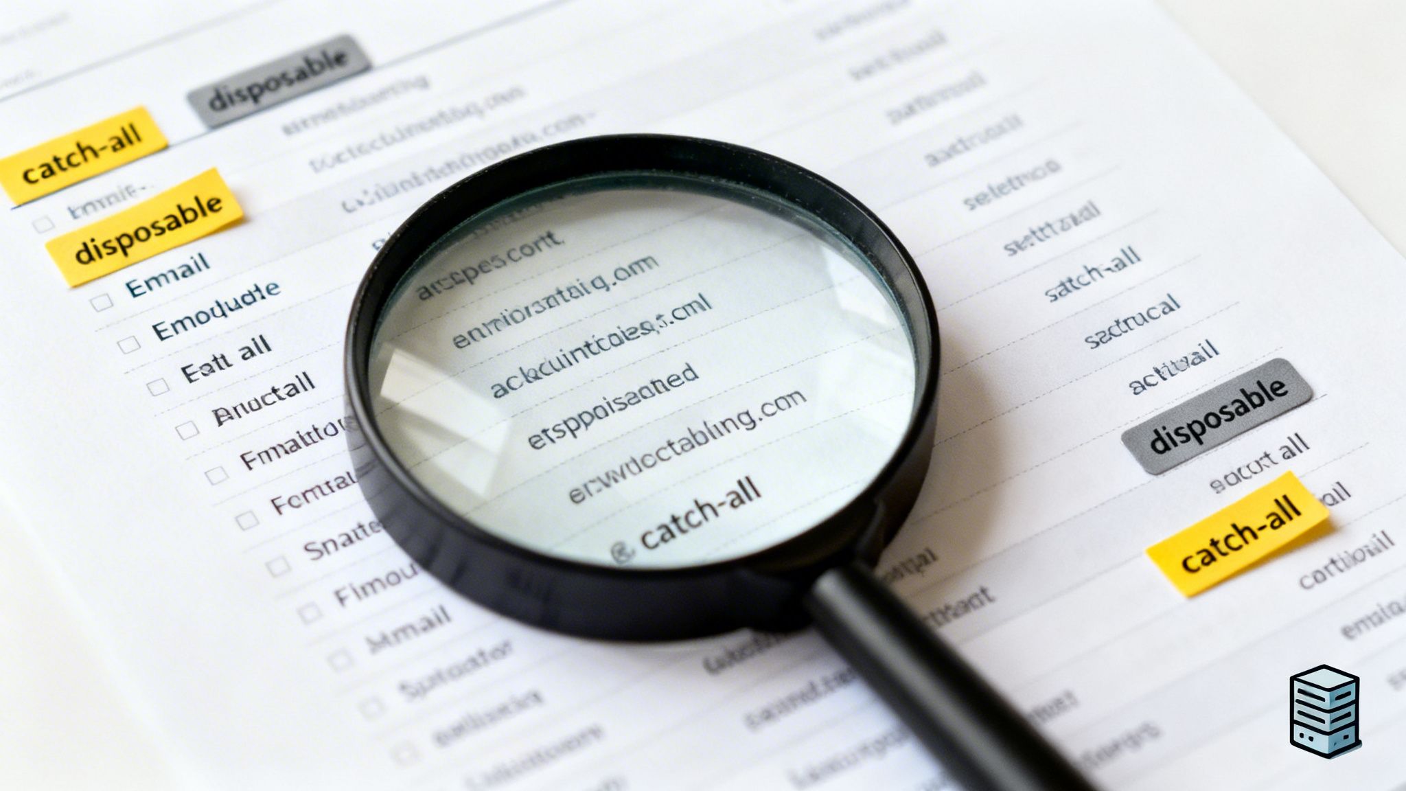 A magnifying glass over a document with text lists, email addresses, and labels 'catch-all' and 'disposable'.