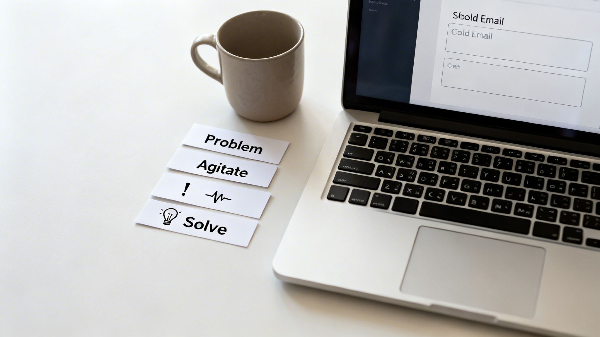 A laptop displaying a cold email template and cards with 'Problem, Agitate, Solve' marketing framework.