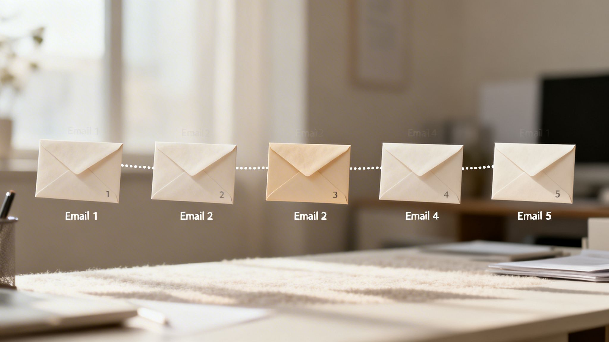A visual representation of an email drip campaign with five numbered envelopes connected by dots.