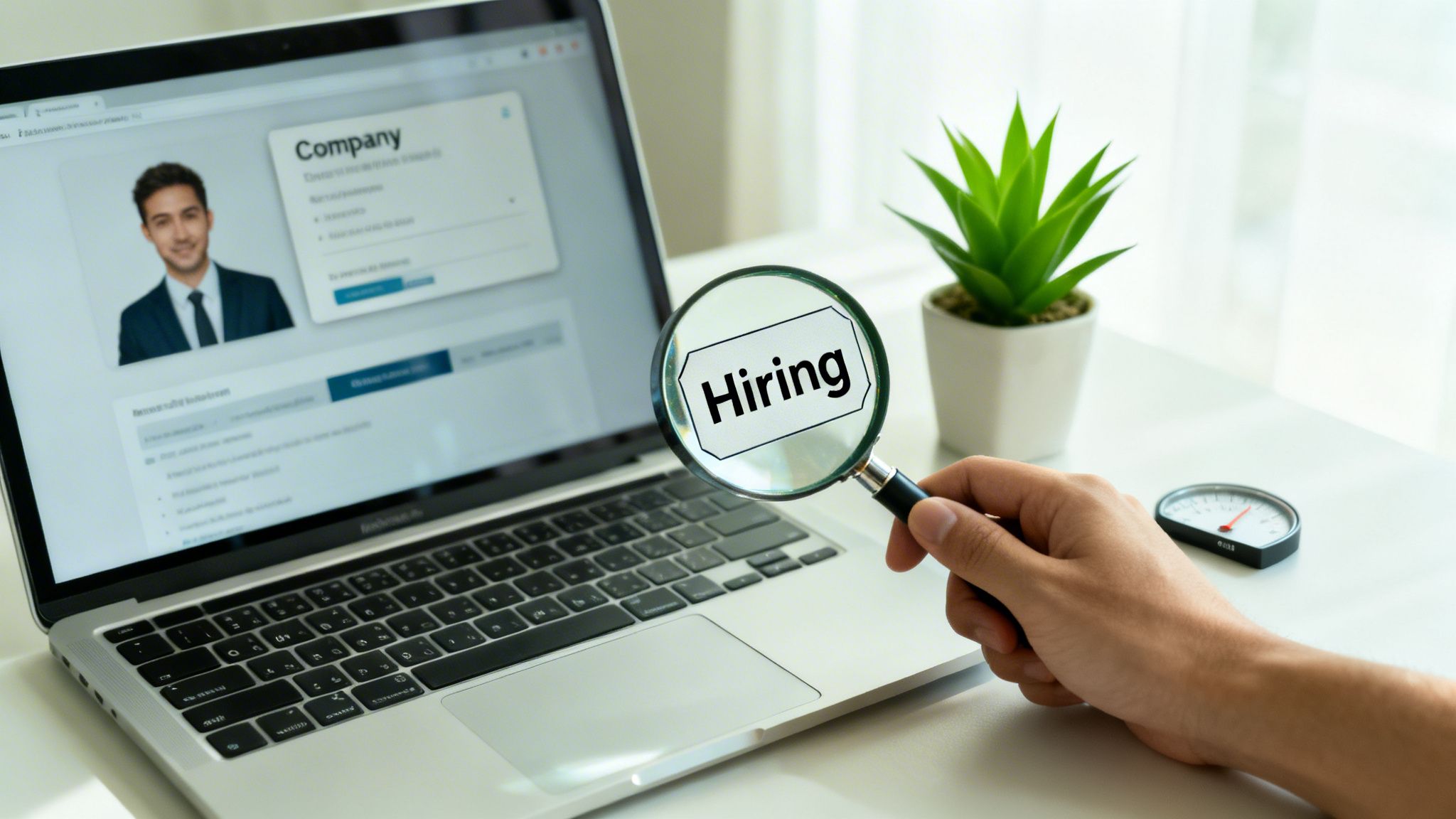 A person's hand holds a magnifying glass displaying 'Hiring' over a laptop showing a job profile.