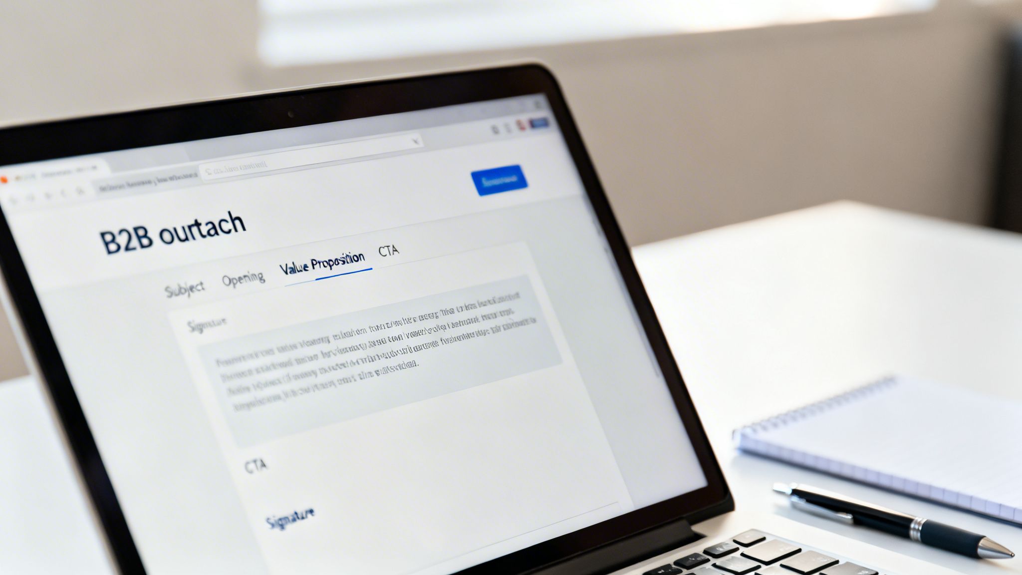 Laptop screen displaying a B2B outreach email template with 'Value Proposition' content on a white desk.
