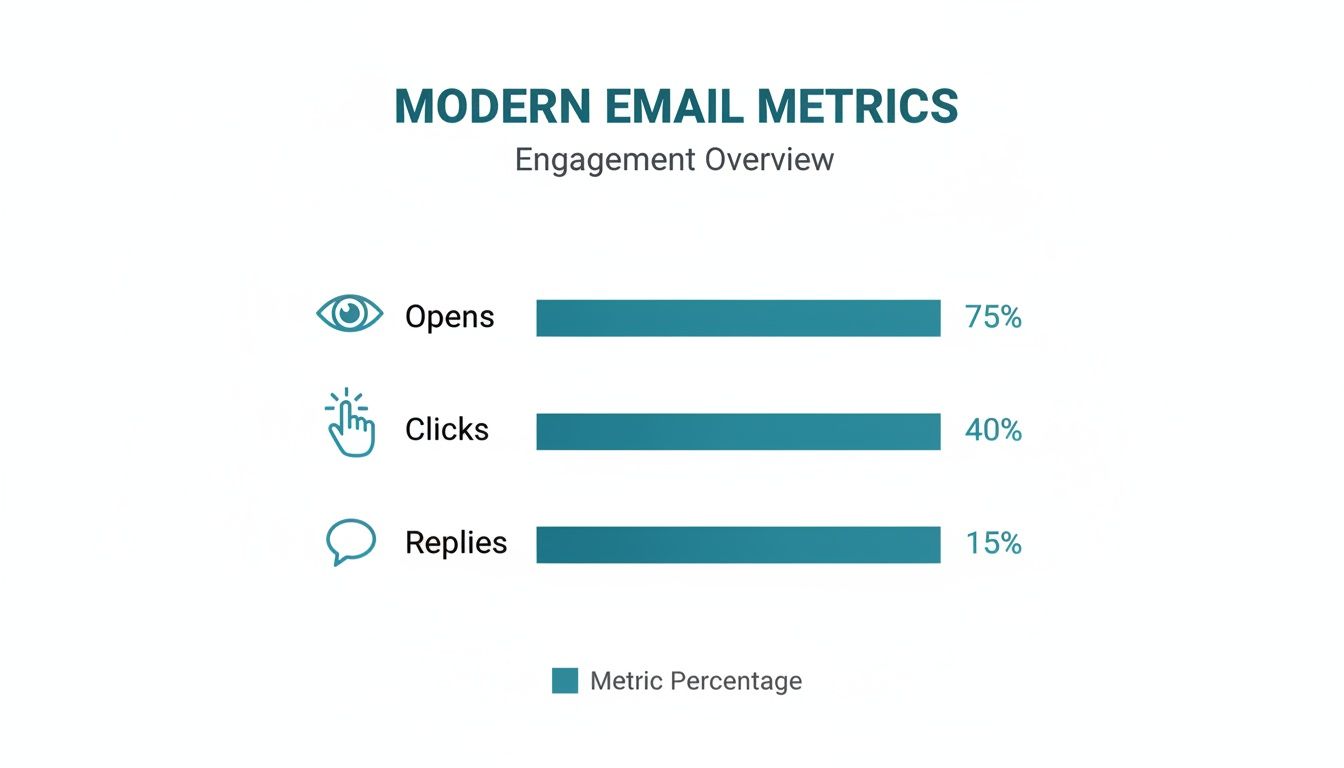 A modern email metrics bar chart detailing engagement: 75% opens, 40% clicks, 15% replies.