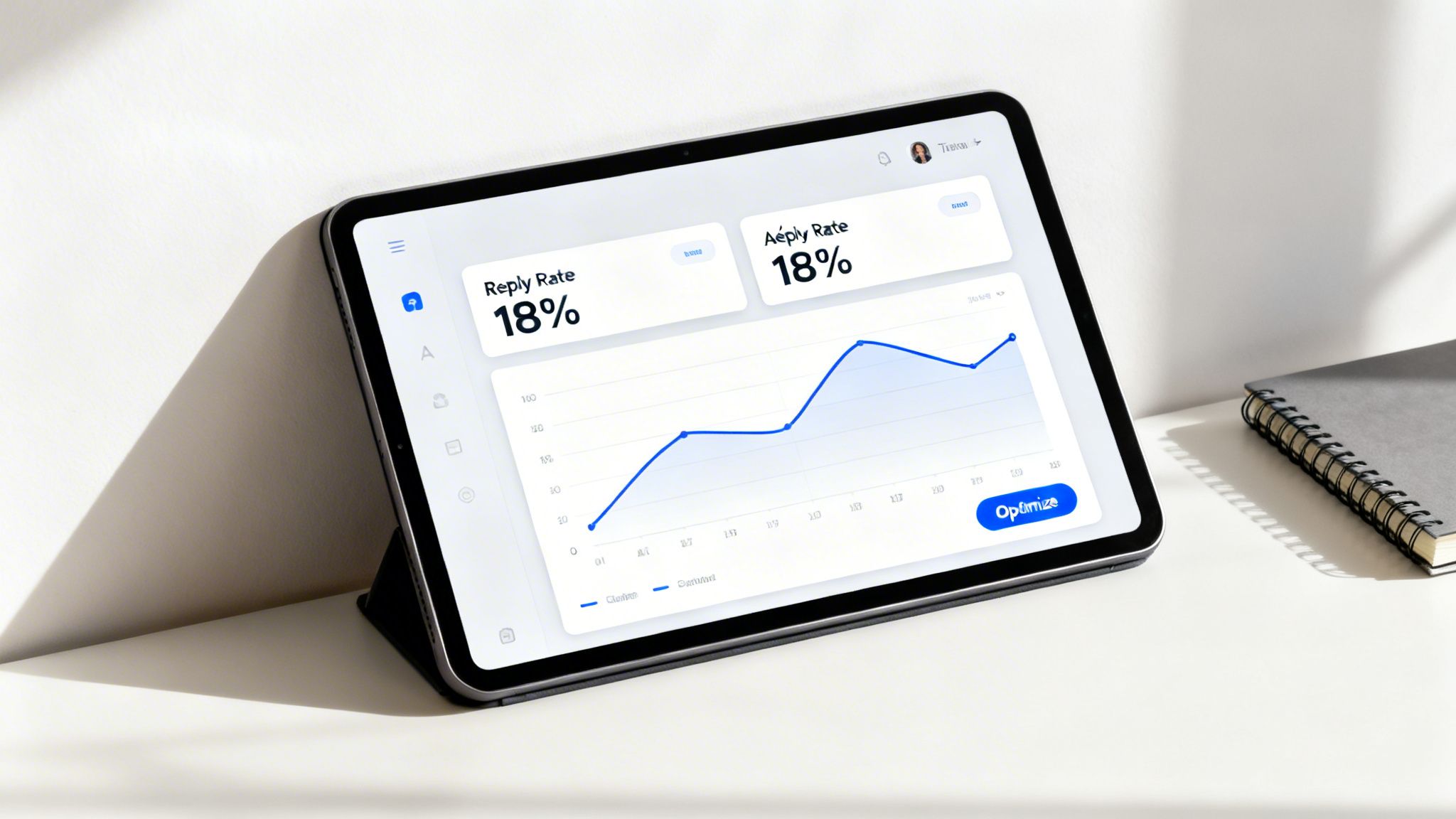 A tablet displaying an analytics dashboard for email campaigns with a line graph and reply rate metrics.