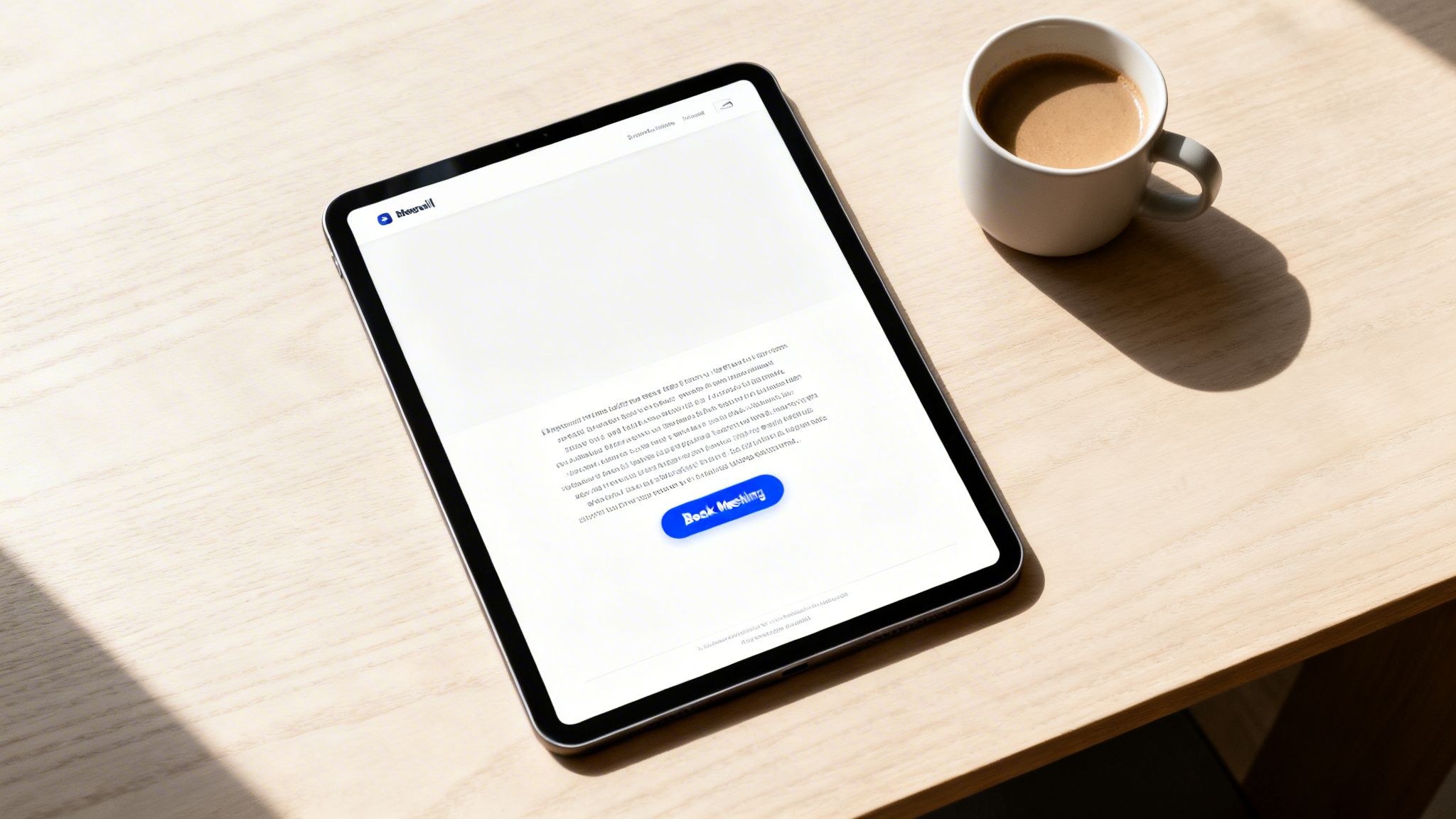 A tablet displays a website with a 'Book Meeting' button, next to a coffee cup on a wooden table.
