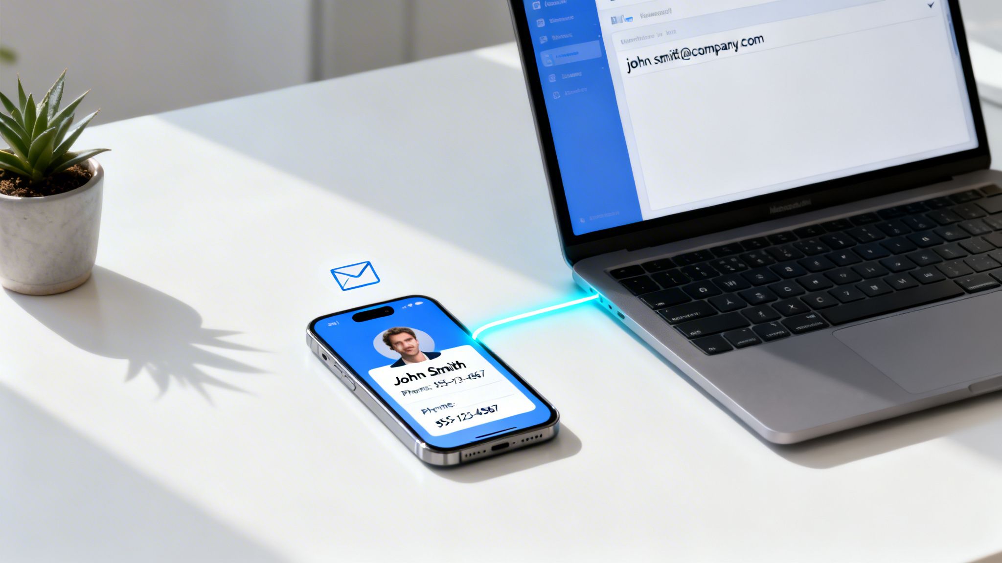 Smartphone displaying contact information connected to a laptop showing an email address.