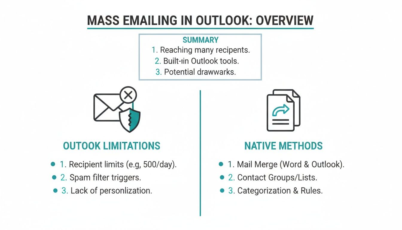 An overview of mass emailing in Outlook, detailing its summary, limitations, and native methods.