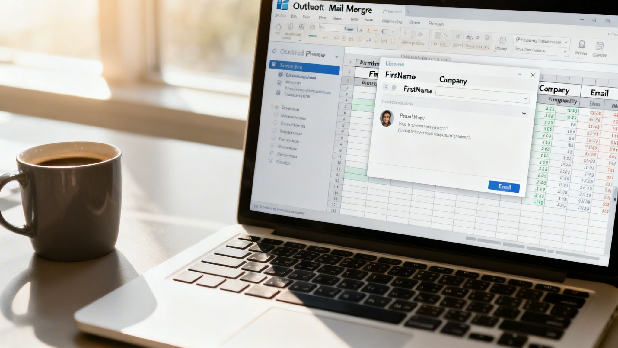 Laptop displaying Outlook Mail Merge for sending mass emails, with a coffee mug on a sunlit desk.