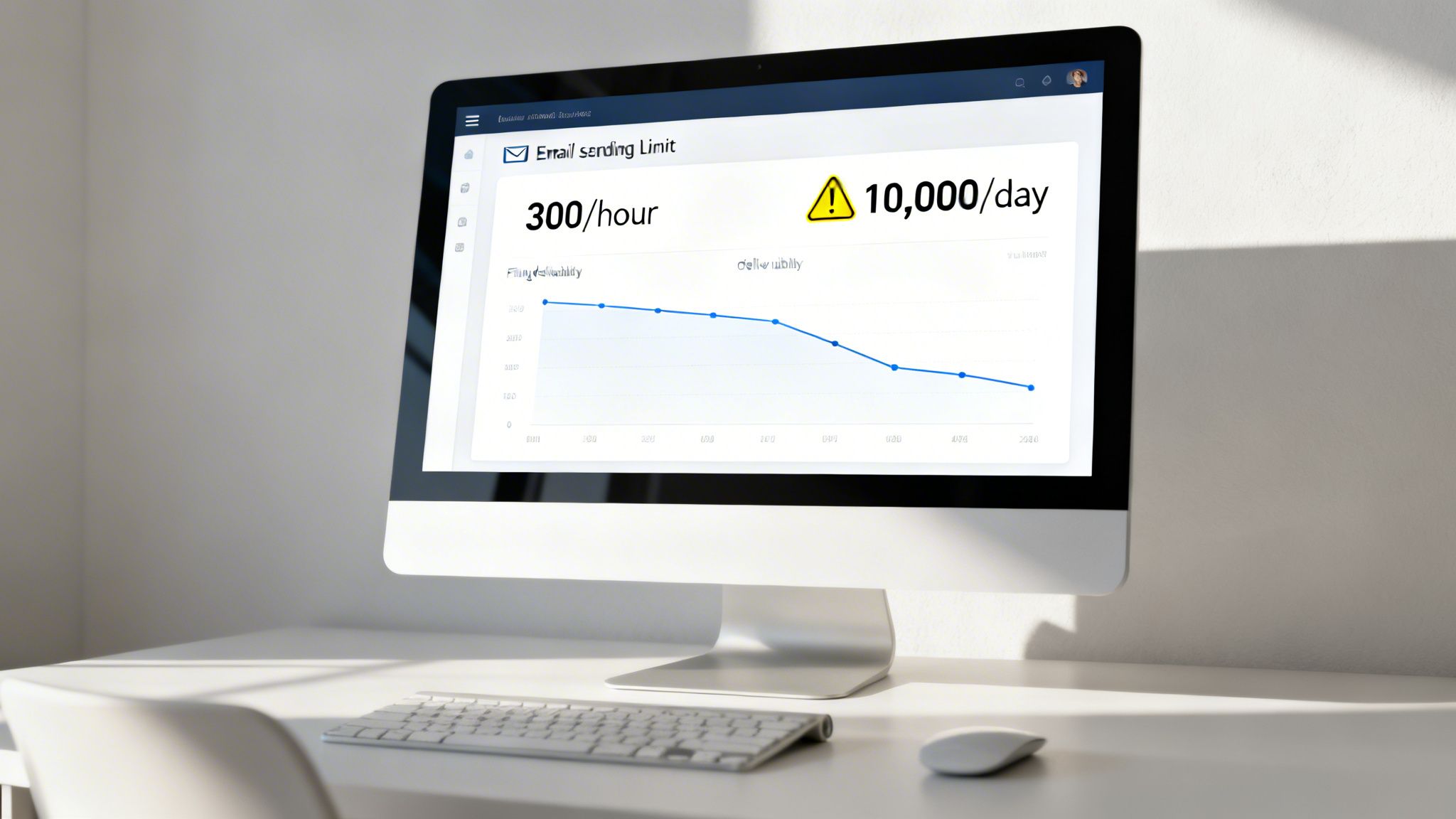 A computer monitor displays an email sending limit dashboard with a graph on a clean white desk.