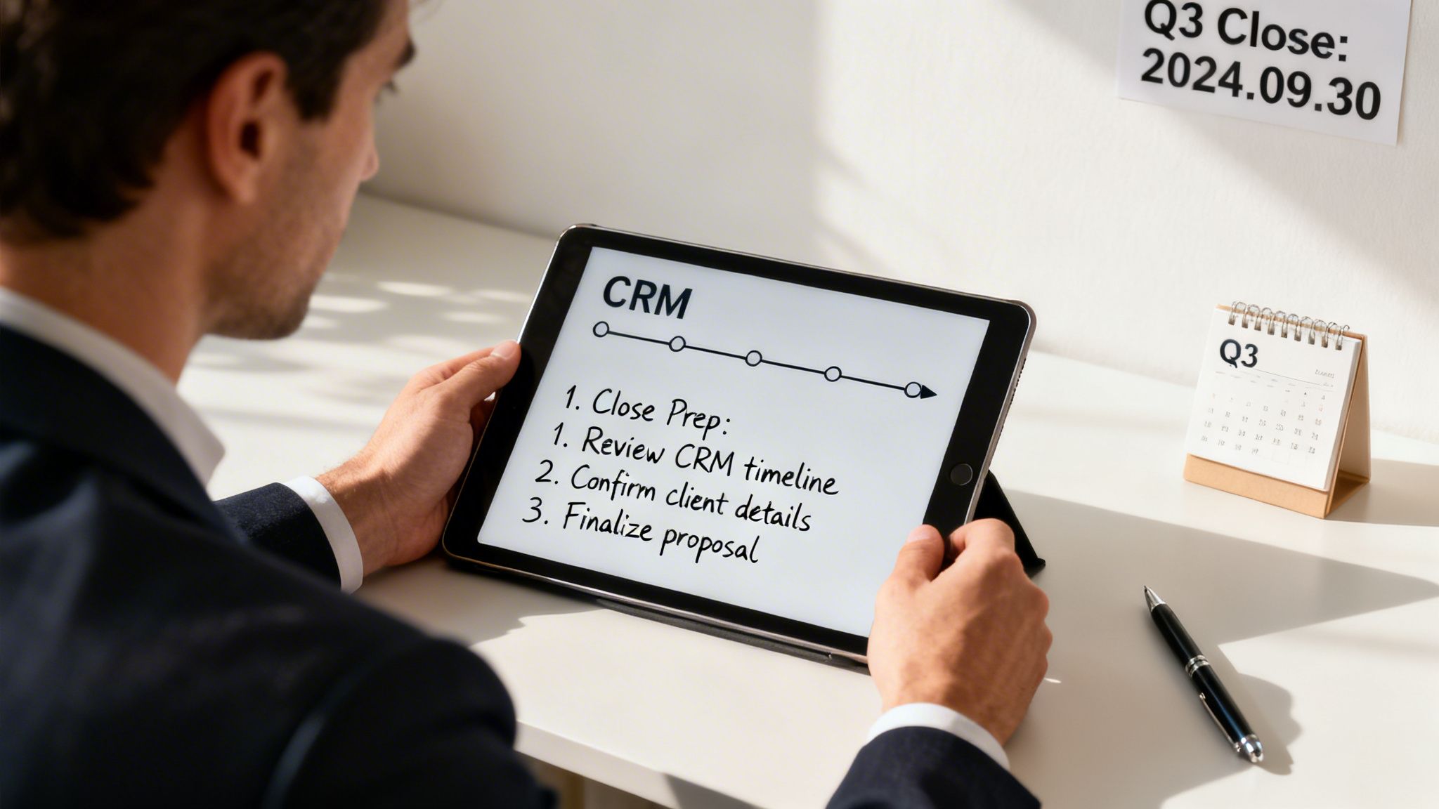 A businessman reviews CRM close preparation steps on a tablet with Q3 goals and a close date visible.