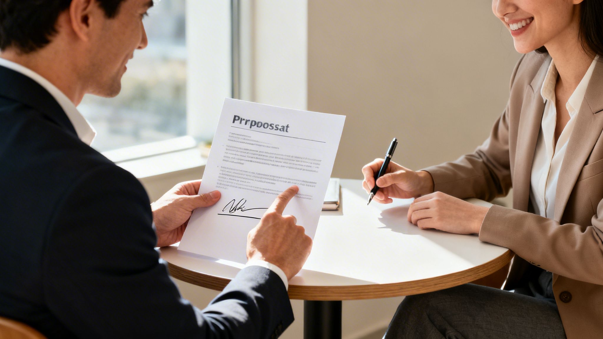 Two business professionals review a document with a signature, one holding a pen to sign.