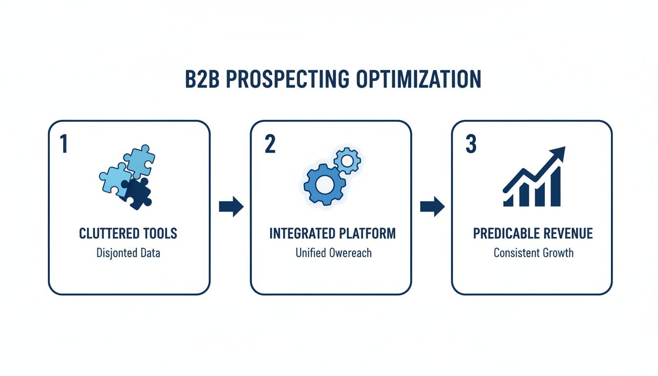 Diagram illustrating B2B prospecting optimization from cluttered tools and disjointed data to predictable revenue and consistent growth via an integrated platform.