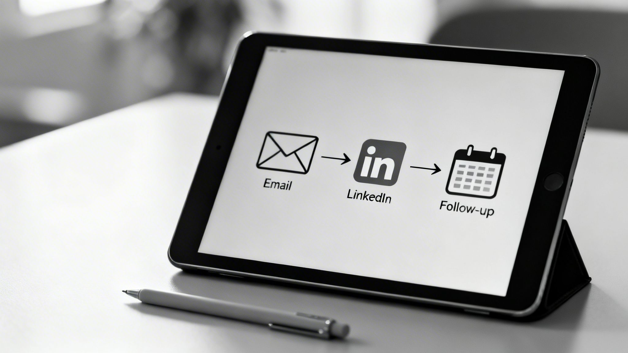 A tablet displays a digital workflow: Email to LinkedIn to Follow-up. A pen rests nearby.