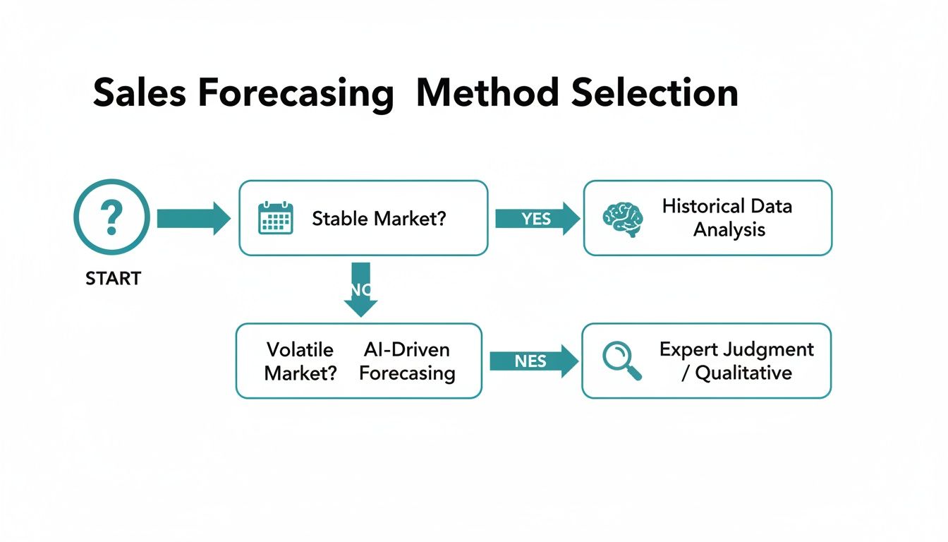 Flowchart detailing sales forecasting method selection based on market stability and data analysis.