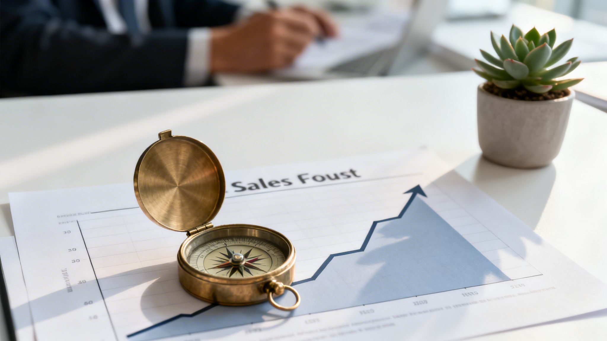 A compass lies on a sales chart showing an upward trend, symbolizing business growth and strategic direction.