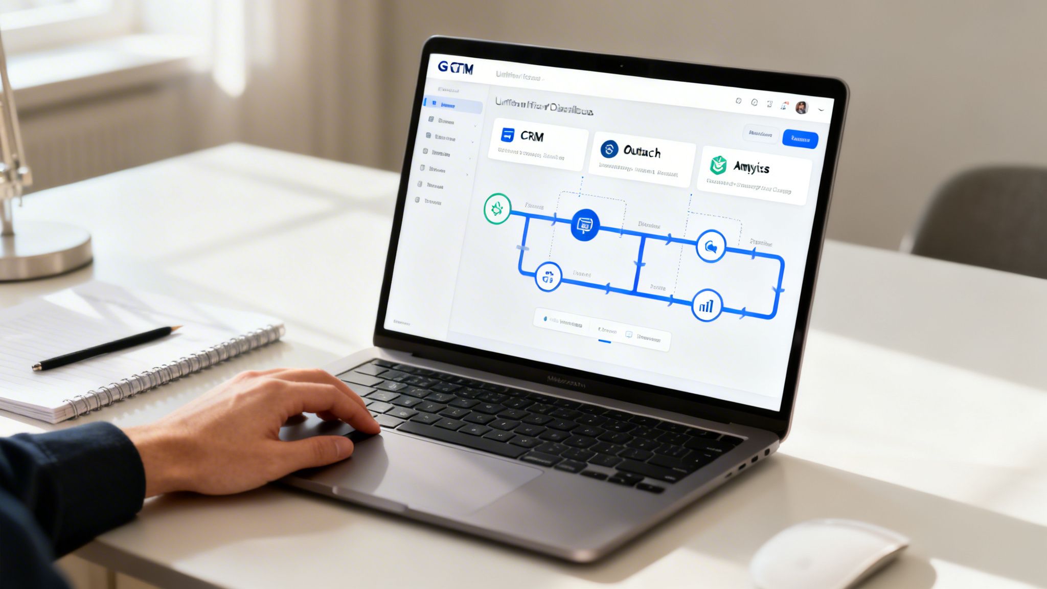 Hands on a laptop displaying a business process workflow with CRM, Outreach, and analytics applications.