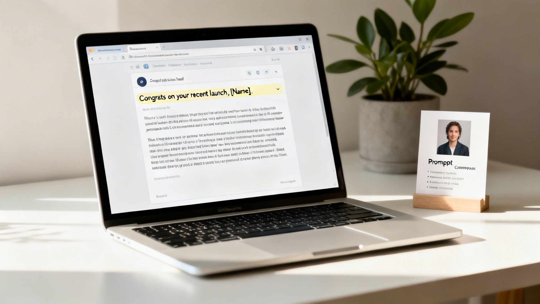 A laptop displaying an email congratulating on a recent launch, next to a card with a person's photo and text on a desk.