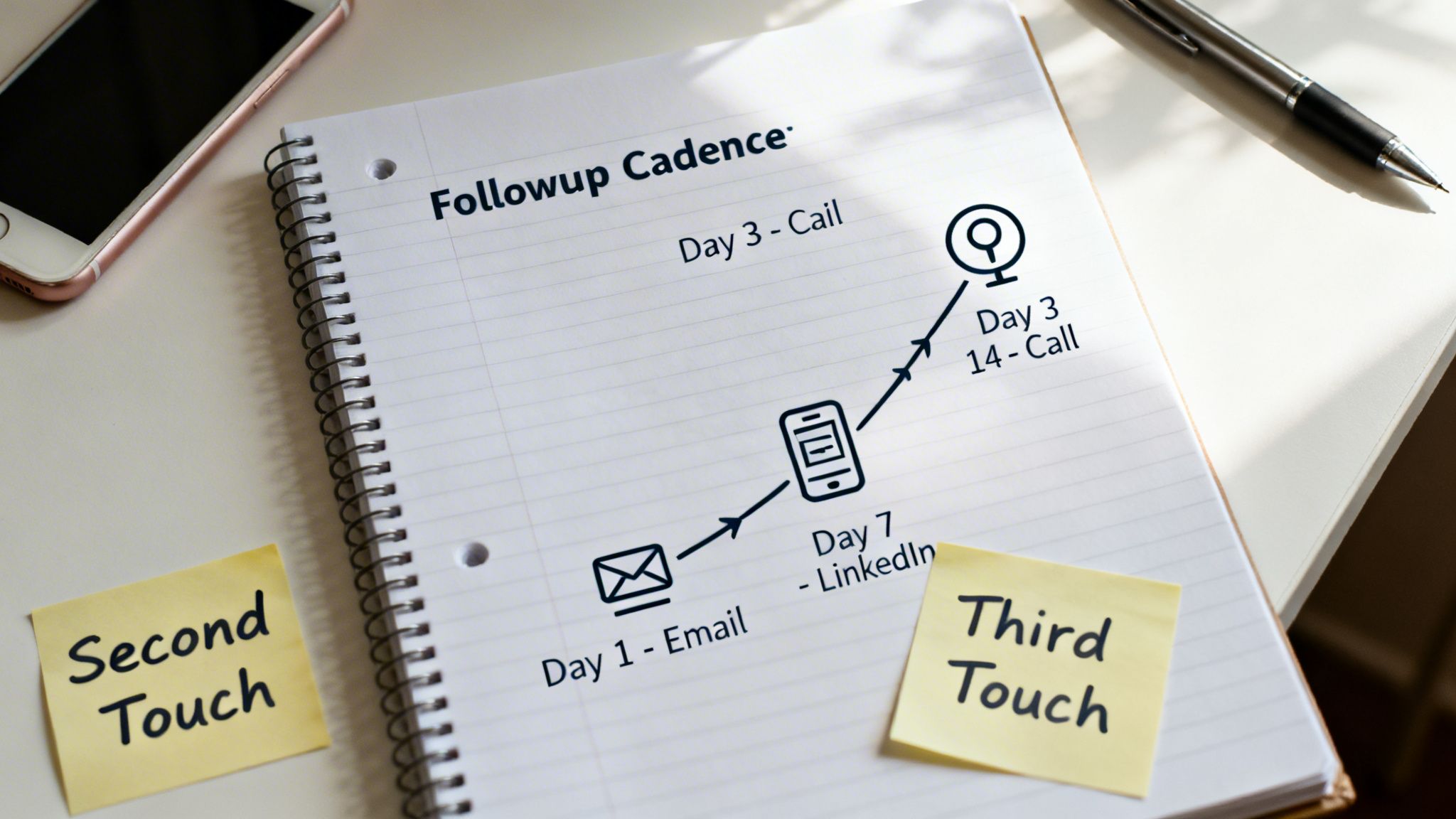 A handwritten diagram on a notebook shows a 'Followup Cadence' with steps: Email, LinkedIn, and Call across different days.
