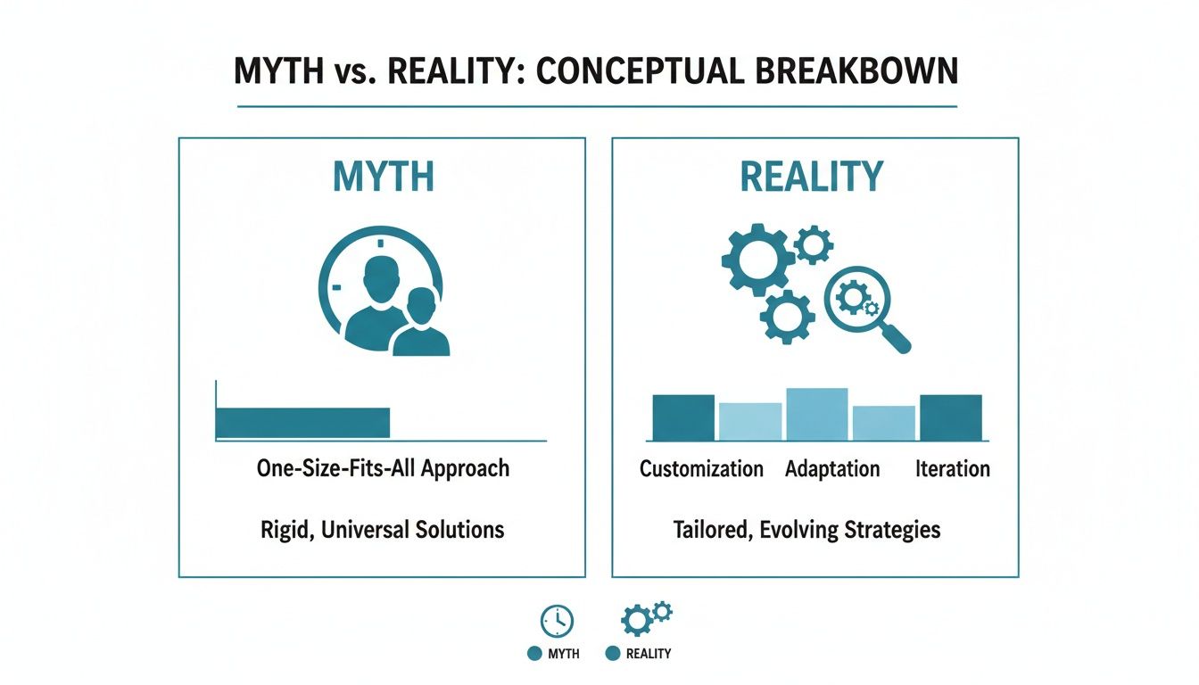 Diagram comparing myth vs. reality, contrasting rigid, universal solutions with tailored, evolving strategies.