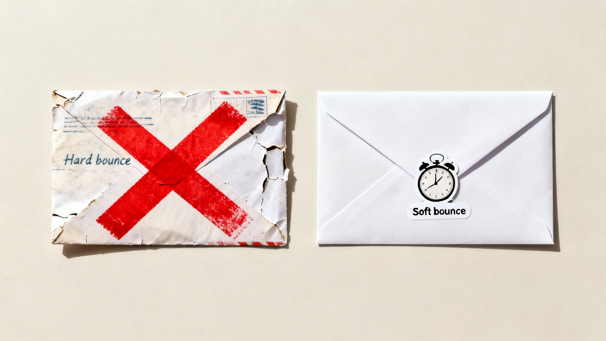 Two envelopes illustrate email hard bounce with a red X and soft bounce with an alarm clock.