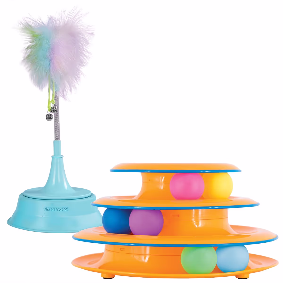 Catstages Tower of Tracks Cat Toy & Catstages 2-in-1 Spring Interactive & Topper for Ball Track, Bat & Swat Spring Toy with Feathers & Bells Cat Toy, Blue slide 1 of 10