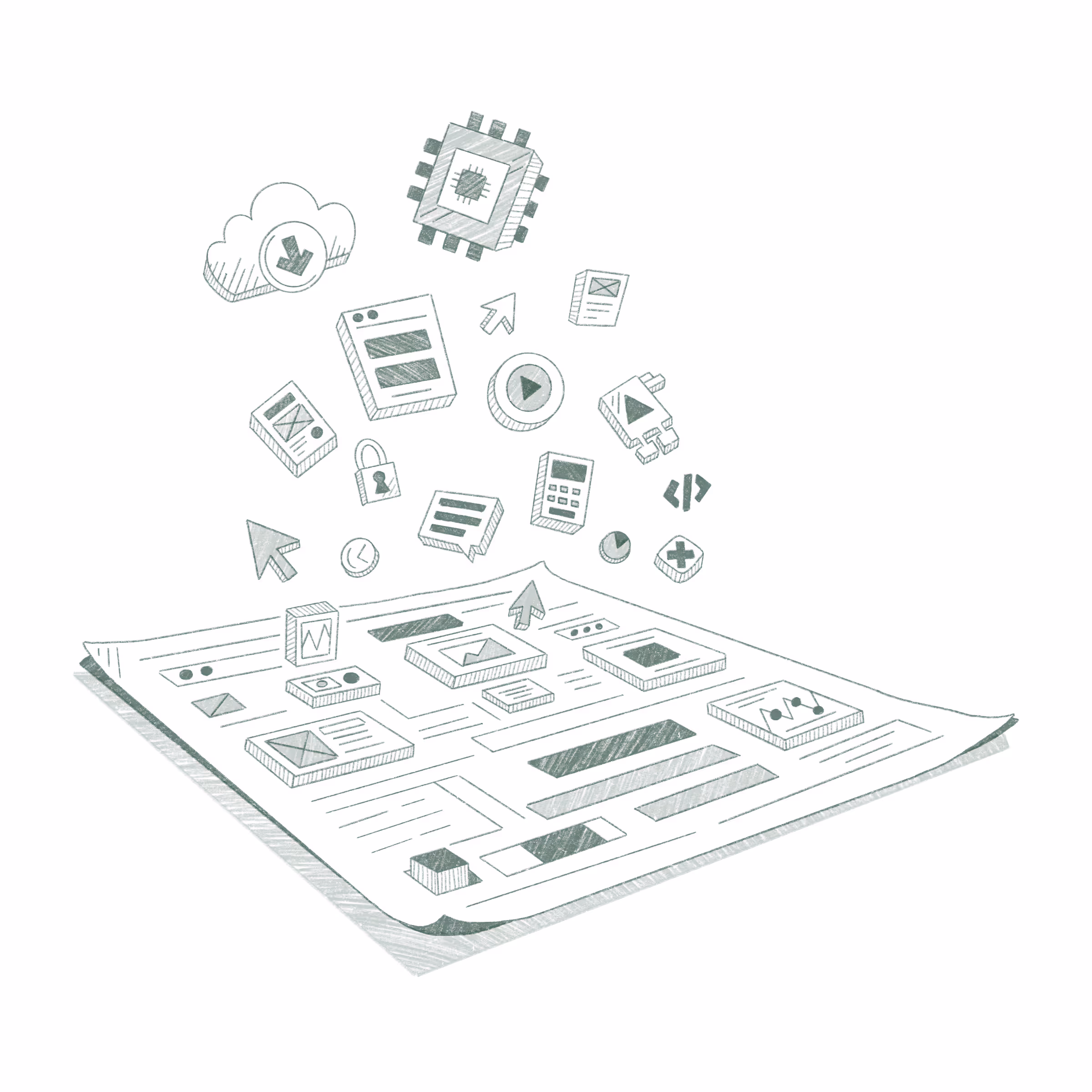 Illustration in sketch style of product related items floating above a paper