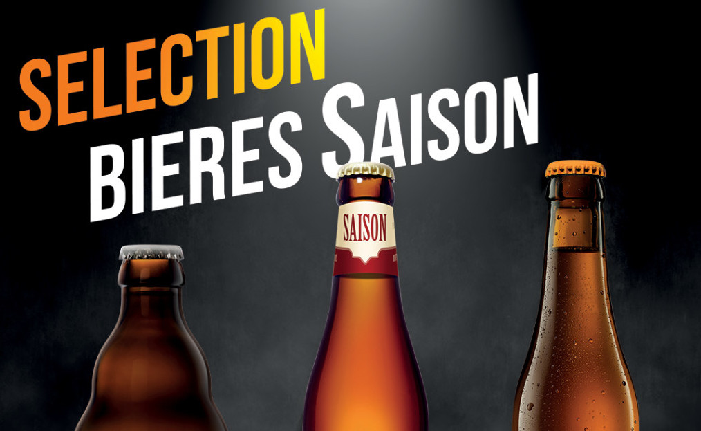 Image Principale : Deux verres de bière blonde remplis à ras bord, posés sur une table en bois rustique. Autour des verres, des grains d'orge et des cônes de houblon sont dispersés, mettant en valeur les ingrédients clés utilisés dans le brassage de la bière. L'image évoque une ambiance artisanale et naturelle, soulignant le processus traditionnel de fabrication de la bière.Miniature : Trois bouteilles de bières Saison artisanales : Anosteké, St-Feuillien Saison Dry Hopping, et Super 8 Saison. Sélection sur fond sombre, avec le titre « Sélection Bières Saison » en haut de l’image.