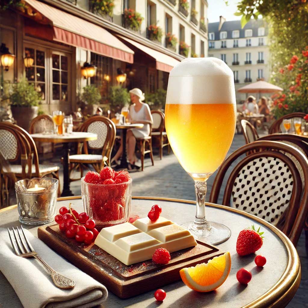 Une sélection de verres de bière de différentes couleurs et styles, disposés sur une table en bois dans un bar chaleureusement éclairé. En avant-plan, des morceaux de chocolat sont disposés, suggérant une dégustation ou un accord mets et bières. L'arrière-plan montre des étagères remplies de bouteilles, créant une ambiance conviviale et accueillante.Miniature : Une table de café en terrasse avec un verre de bière blonde, une assiette de chocolat blanc, des framboises, des fraises, des cerises, et une tranche d'orange. En arrière-plan, des gens sont assis à des tables sous des auvents, profitant d'une journée ensoleillée dans un cadre urbain.