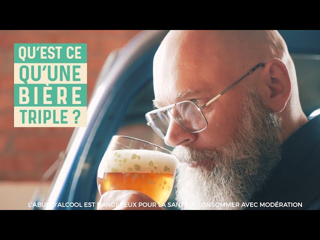 Image principaleDeux bouteilles de bière de la marque 'Triple' posées sur une table, avec un verre de bière rempli à moitié. Les bouteilles ont des étiquettes distinctives, l'une indiquant 'Triple Moine Brassin Spécial' et l'autre 'Triple'. Le verre de bière porte également le logo 'Triple'. L'arrière-plan est flou, mettant l'accent sur les bouteilles et le verre. Miniature : Un homme avec des lunettes et une barbe, buvant une bière à travers la fenêtre d'une voiture. Le texte superposé dit 'Qu'est-ce qu'une bière triple ?' et 'L'abus d'alcool est dangereux pour la santé, à consommer avec modération'