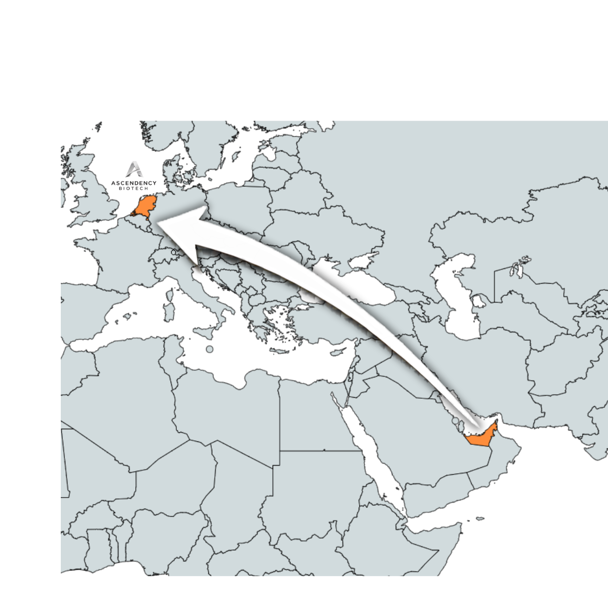 Map illustrating Ascendency Biotech's operational setup in the Netherlands for EU distribution.
