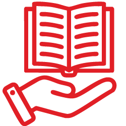 An icon showing an open book resting above an open hand, symbolising support for learning or access to educational resources.
