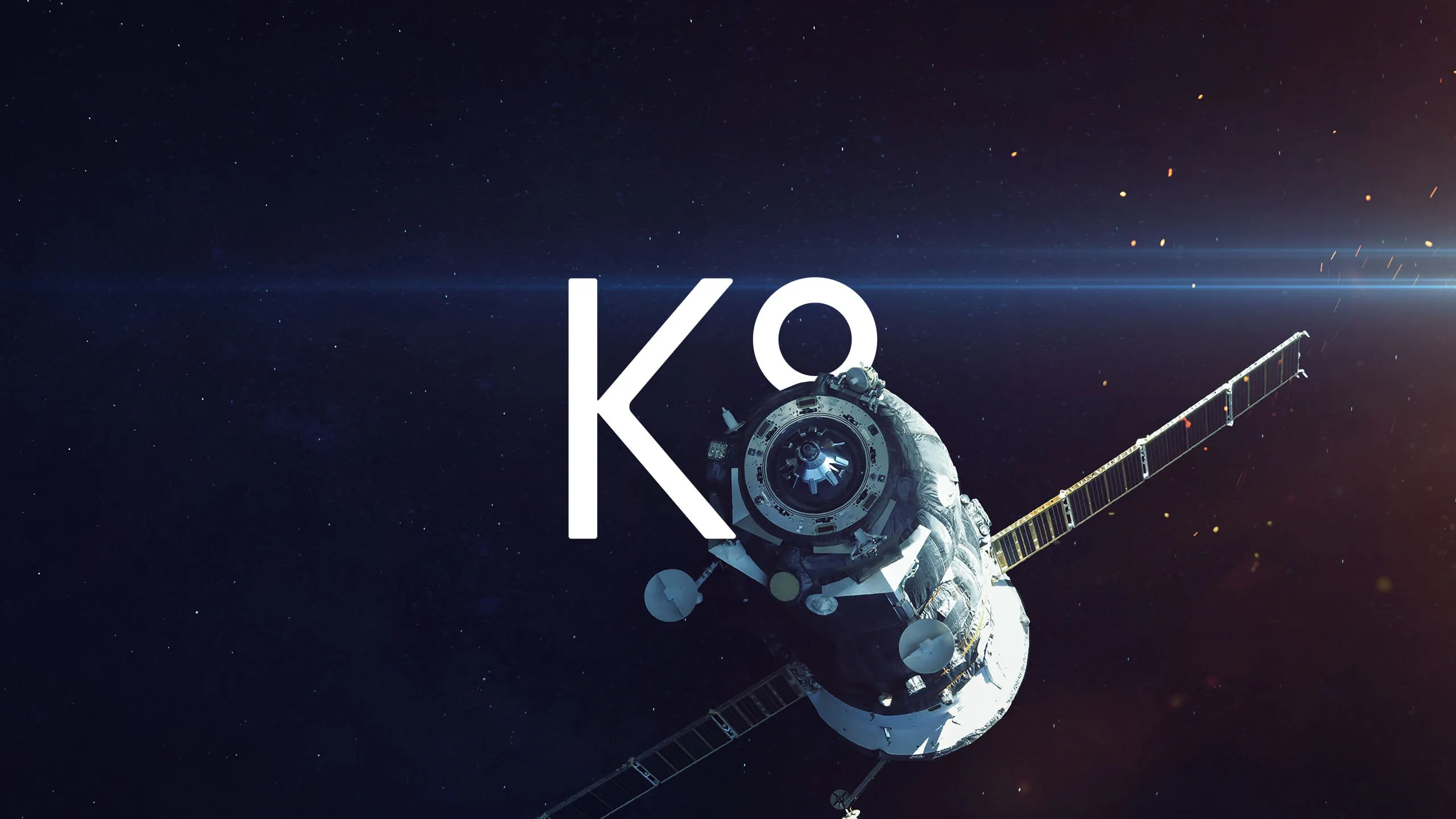 K8 logo in space with a round satellite displaying bottom half of the 8