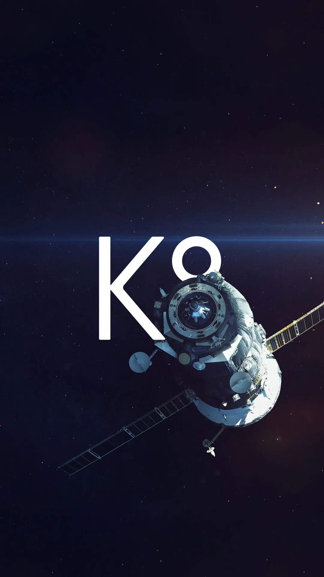 K8 logo in space with a round satellite displaying bottom half of the 8