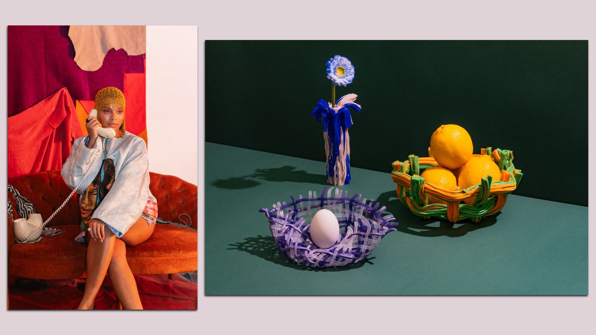 A fashion pose with a model on the right; on the left, a brightly colored vase and fruit bowls