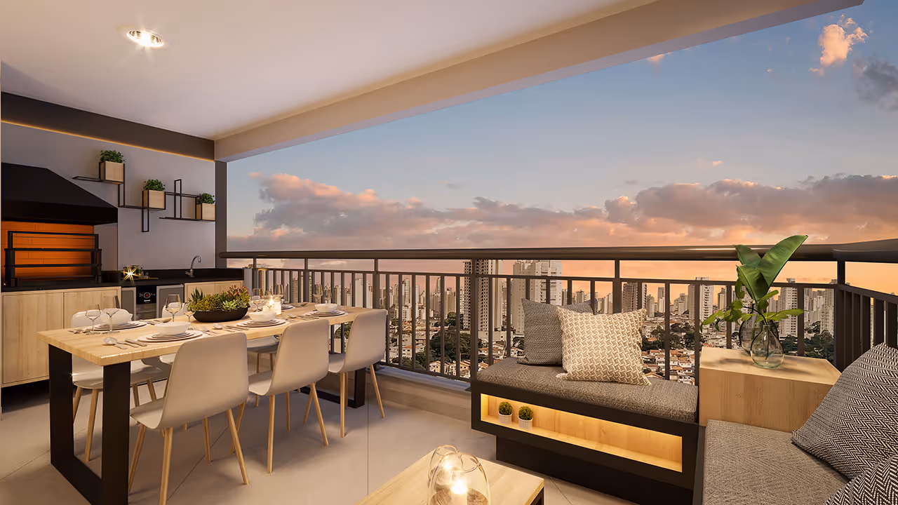 Varanda com churrasqueira do apartamento de 91m²