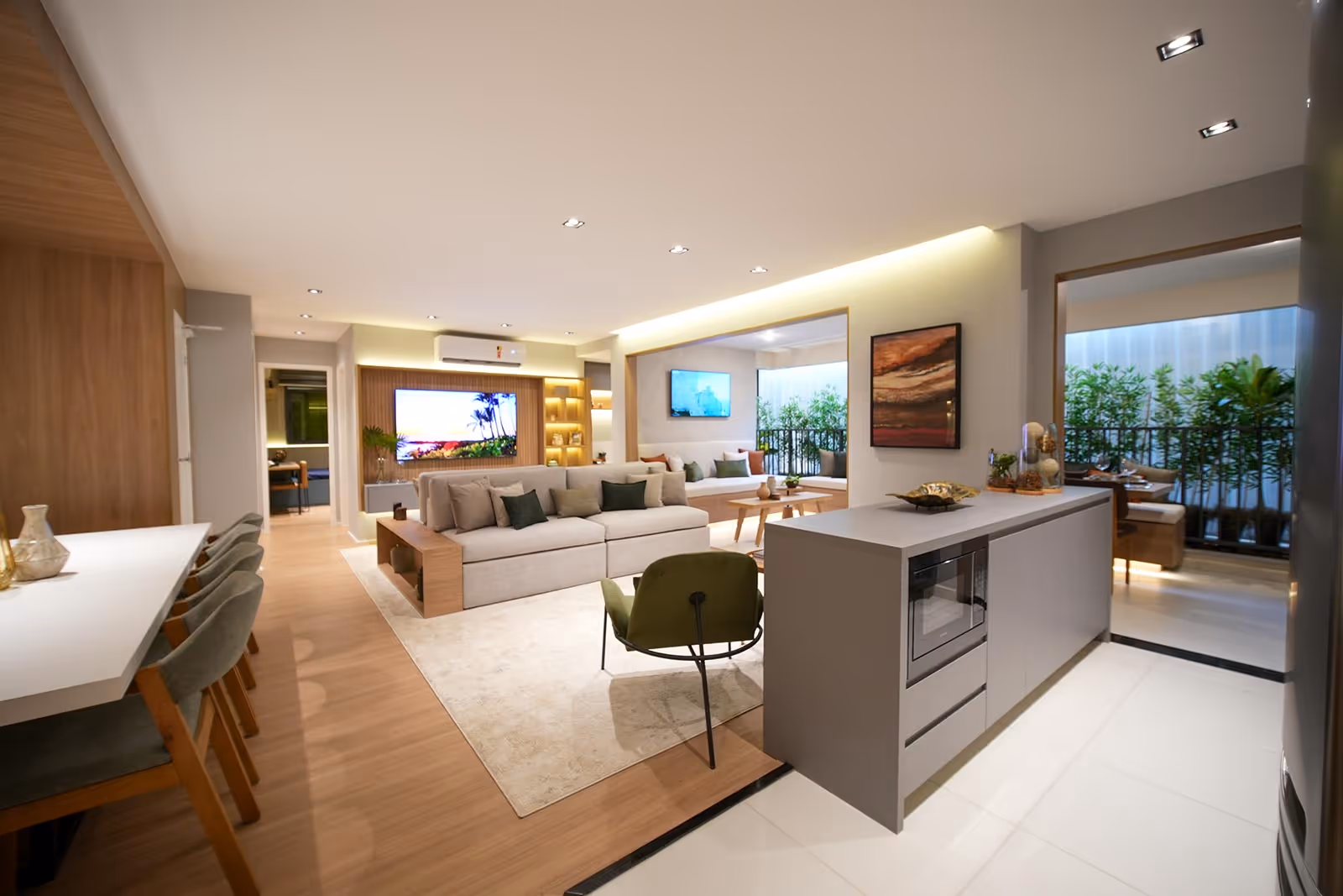 Living ampliado com cozinha integrada e home office