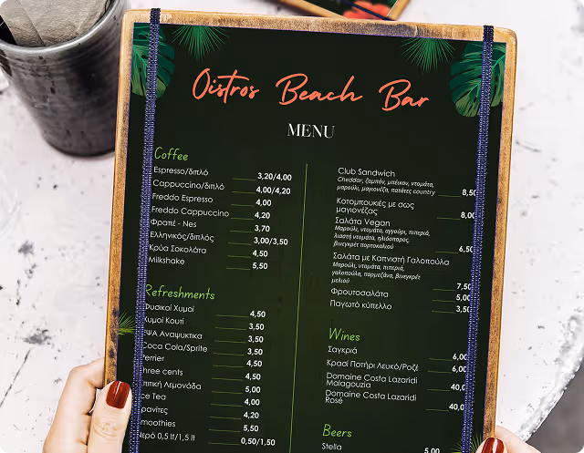 A woman holding oistros' beach bar menu