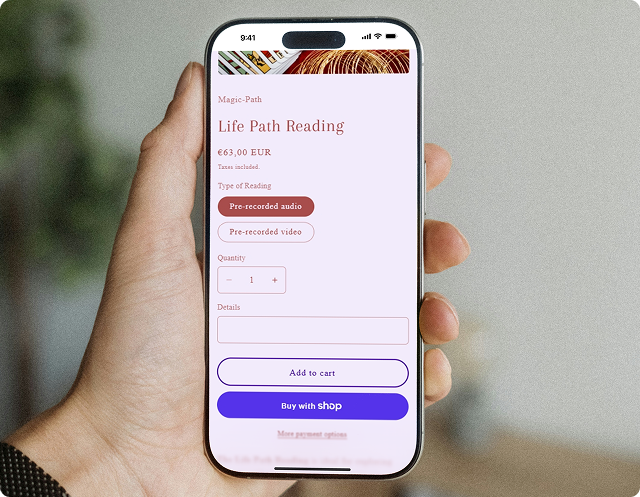 A person holding an iphone that shows one of magic-path's product pages