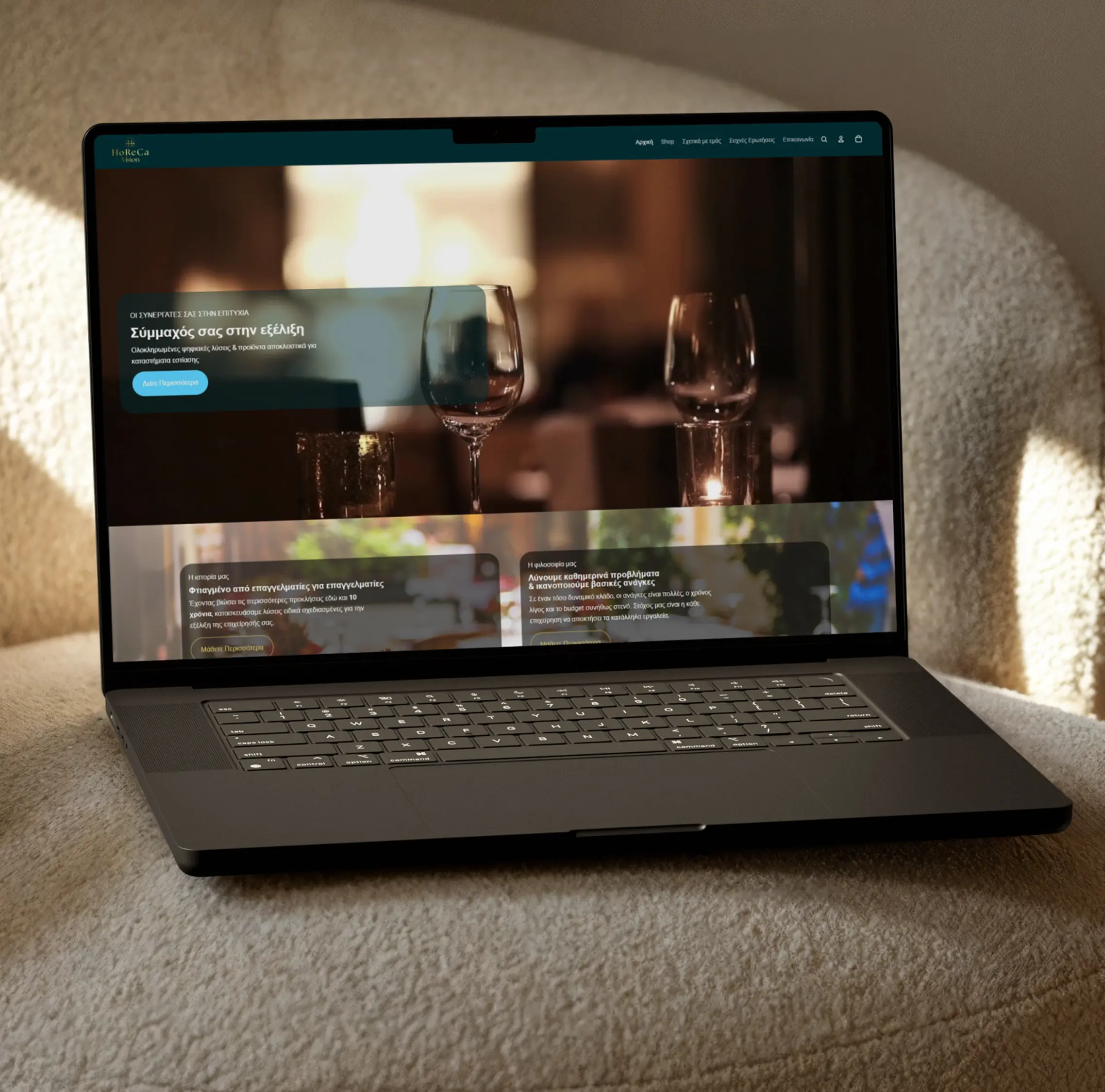 A laptop on a couch showing the homepage of Horeca Vision's eshop