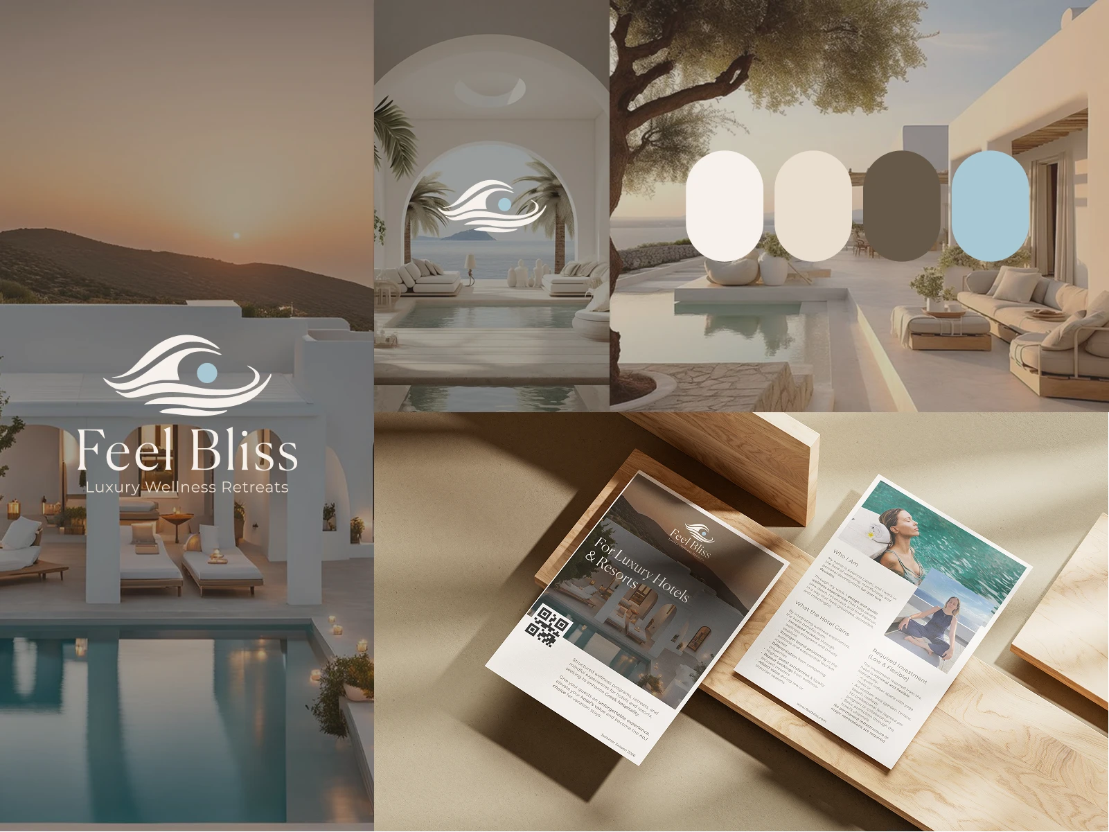 Feel Bliss Luxury Wellness Retreats branding with serene resort poolside and brochure mockups in warm neutral tones with blue accents.