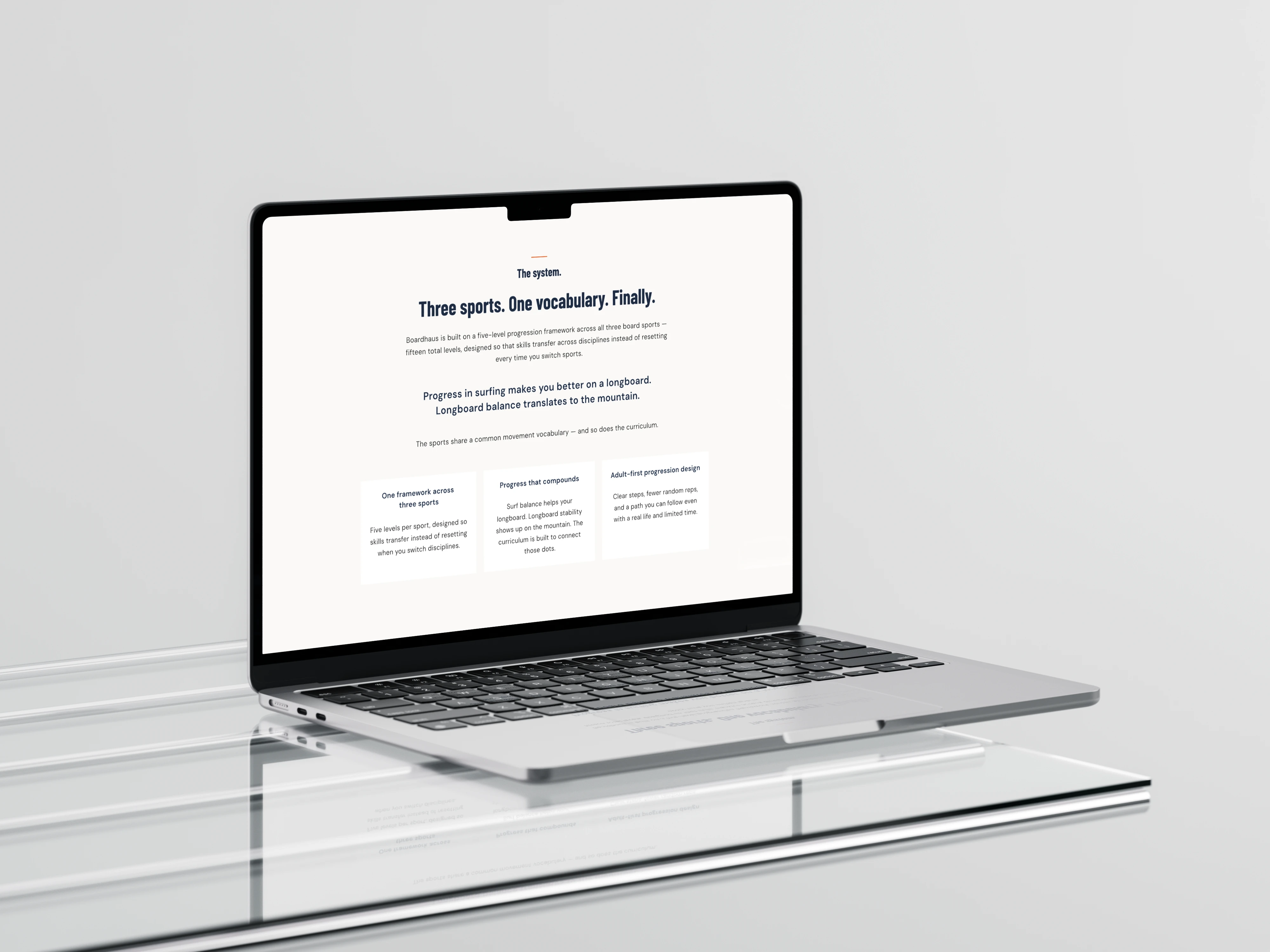 Open laptop on glass surface displaying a webpage about a five-level progression framework unifying three board sports with skill transfer across disciplines.