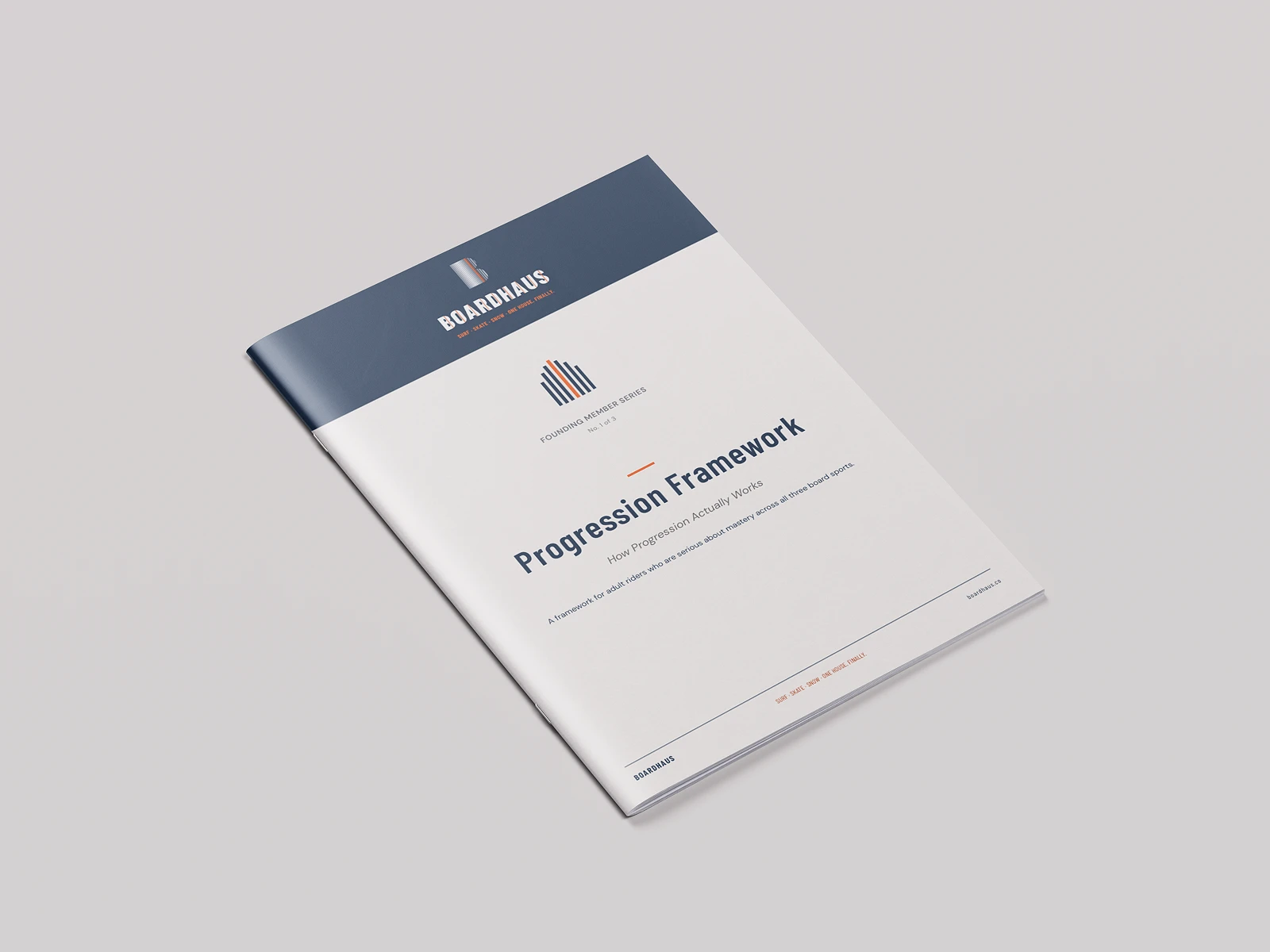 Booklet titled 'Progression Framework' from Boardhaus, part of the Founding Member Series, focused on mastery in board sports.